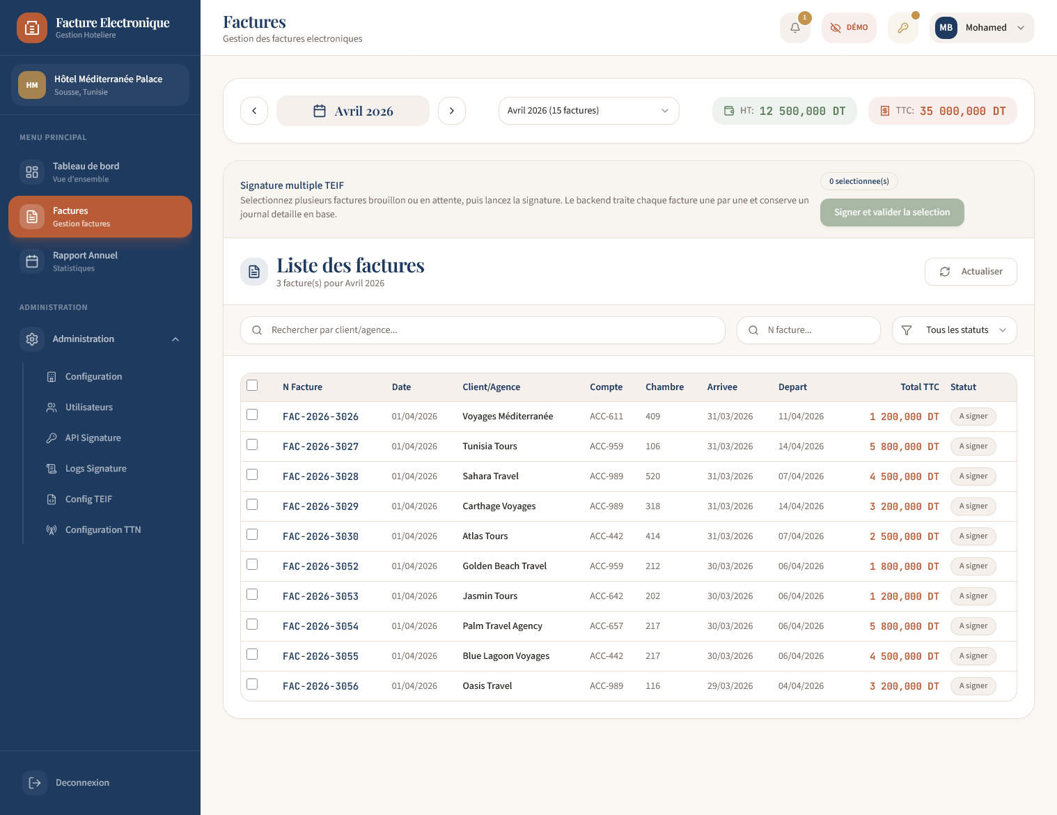 Liste des factures Oracle par période
