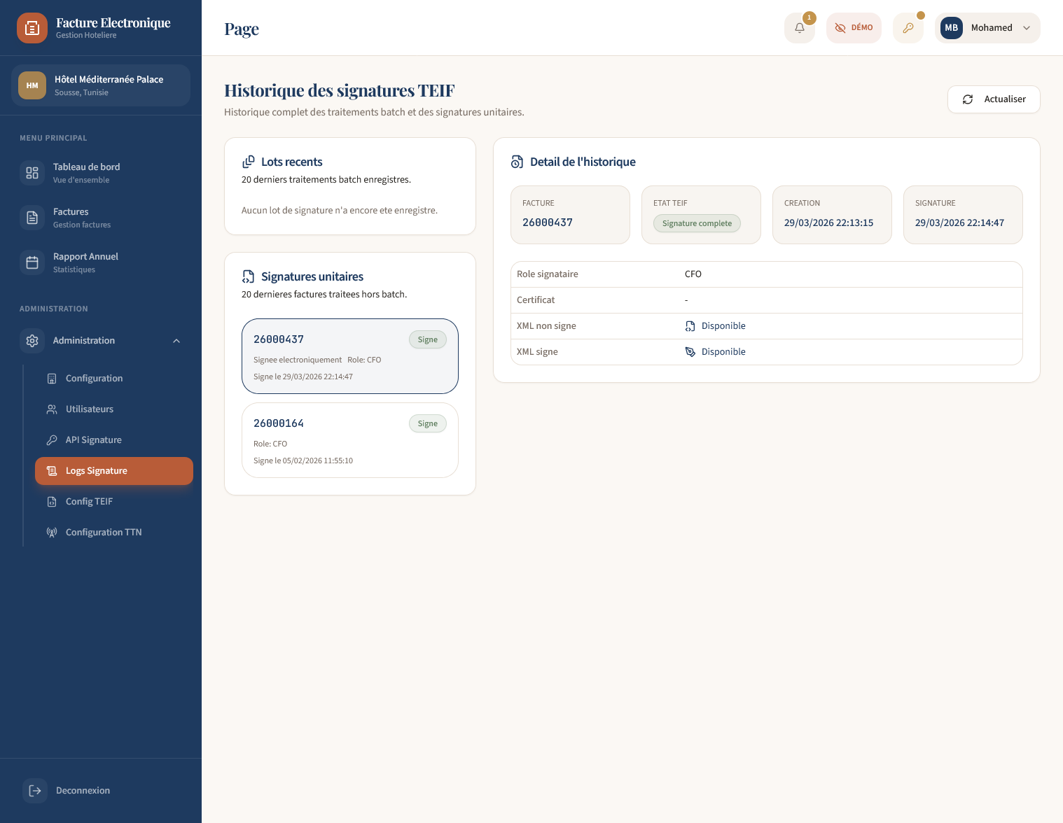 Historique des lots de signature TEIF