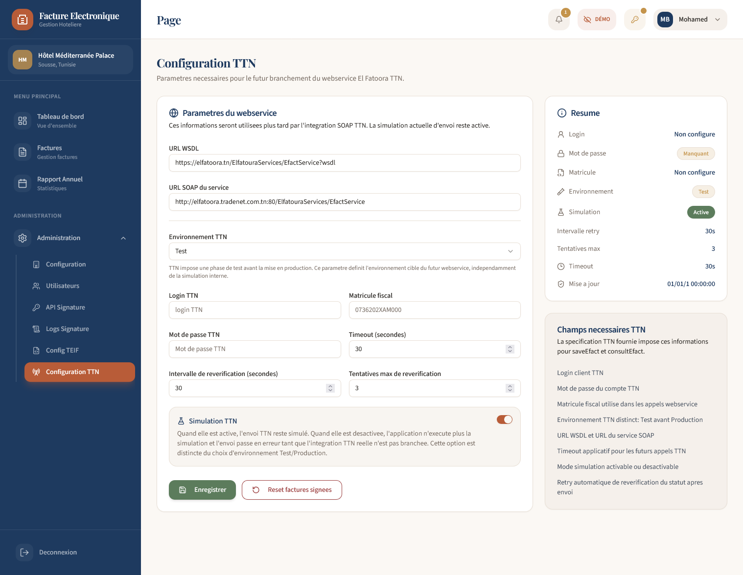 Interface de configuration hôtel, Oracle, service de signature